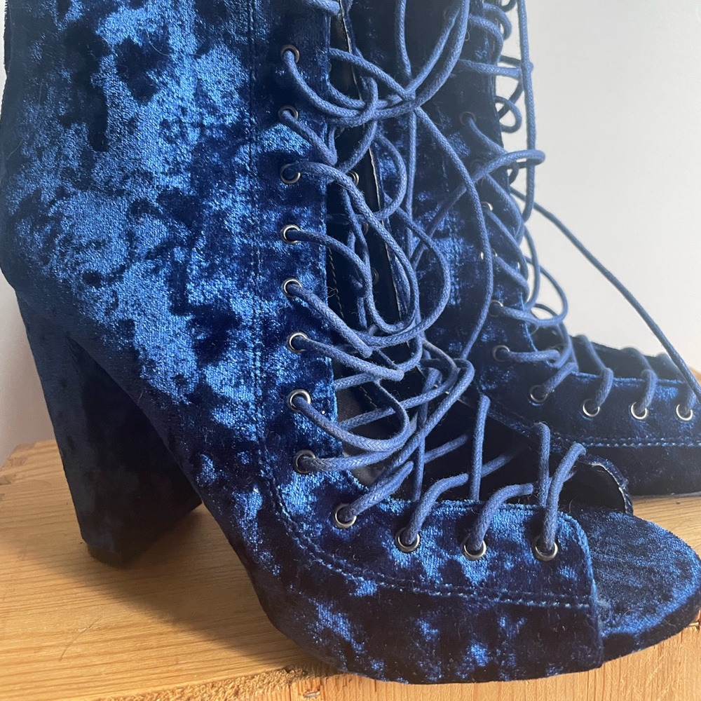 Crushed Electric Blue Velvet Open Toe Booties /Heels